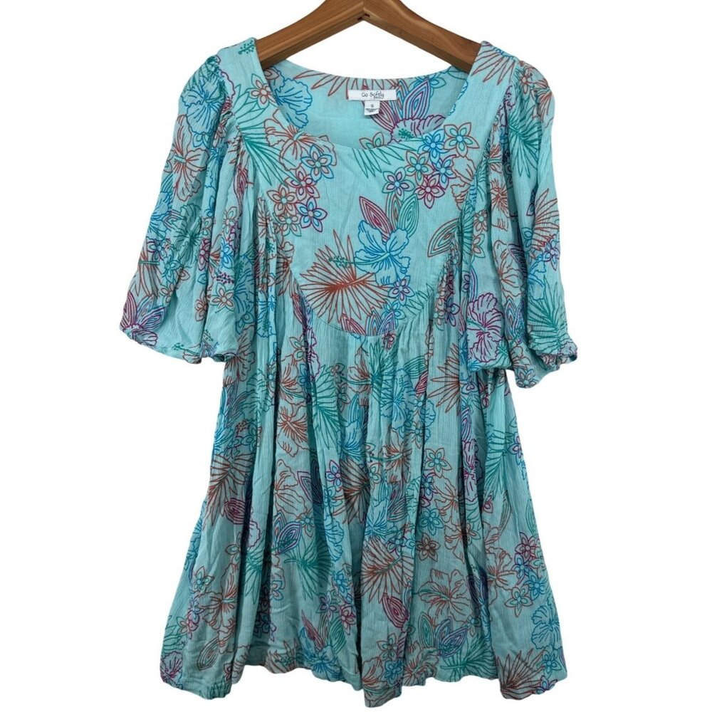 Go Softly Patio Dress Sz S Crinkle Rayon Turquoise Floral Tropical Mumu Comfy